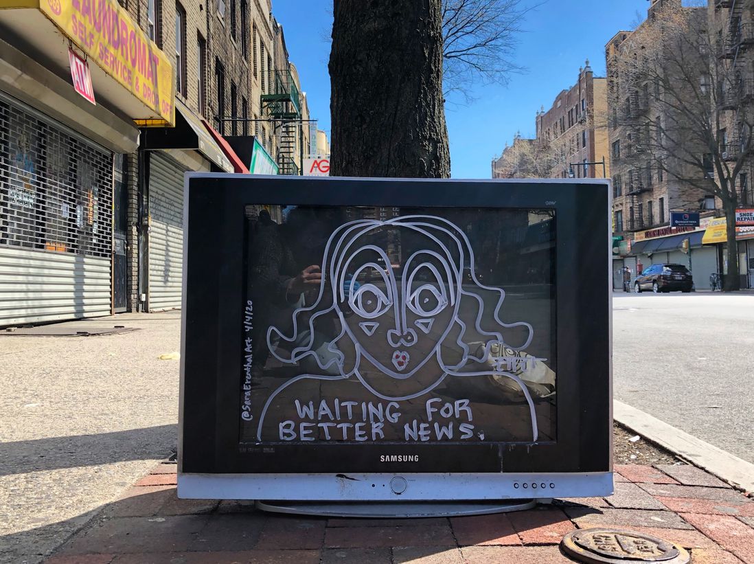 A photo of a TV reading "waiting for better news" in Prospect Lefferts Gardens